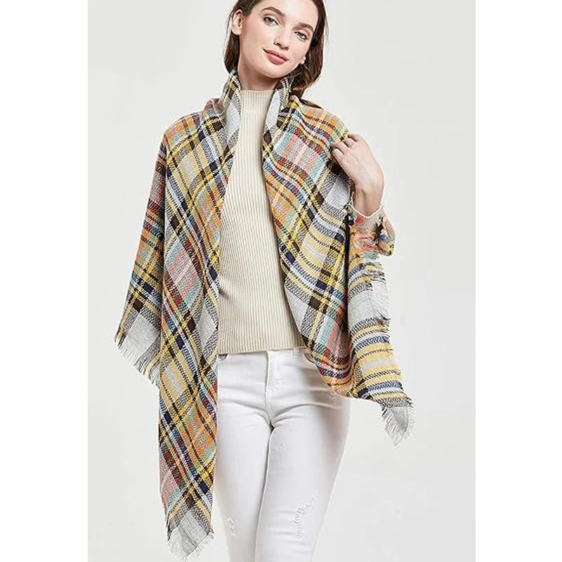 59 X 59in Yellow Blue Womens Fall Winter Scarf Plaid Tassel Soft Warm Blanket Scarves Womens Shawl Wraps