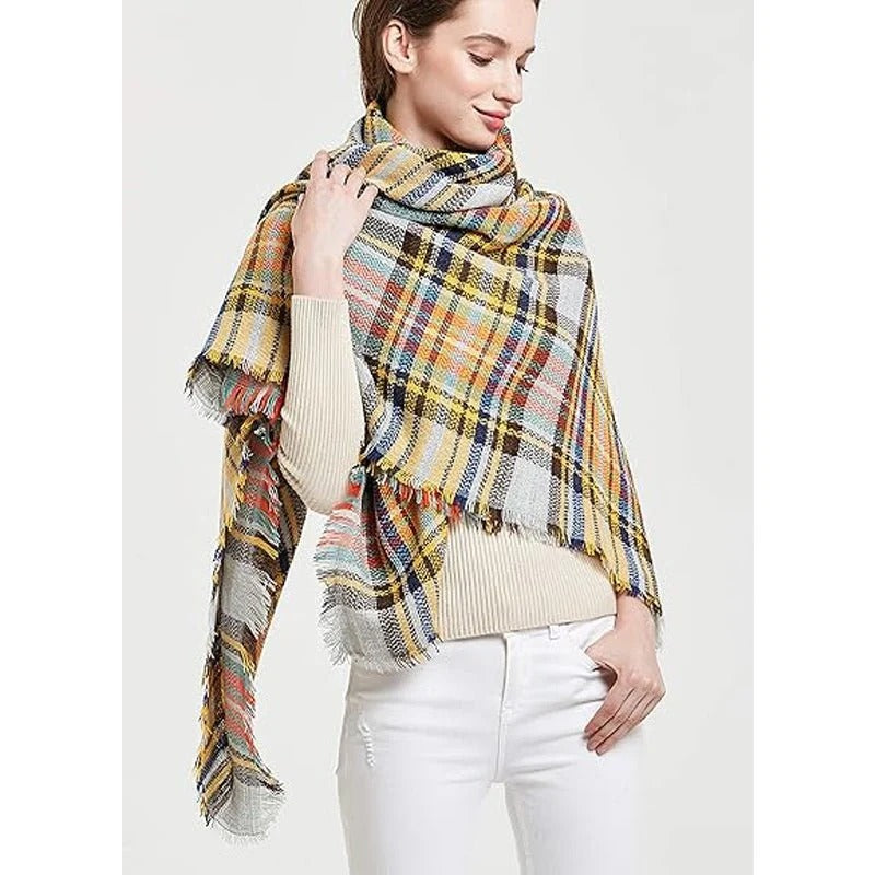 59 X 59in Yellow Blue Womens Fall Winter Scarf Plaid Tassel Soft Warm Blanket Scarves Womens Shawl Wraps